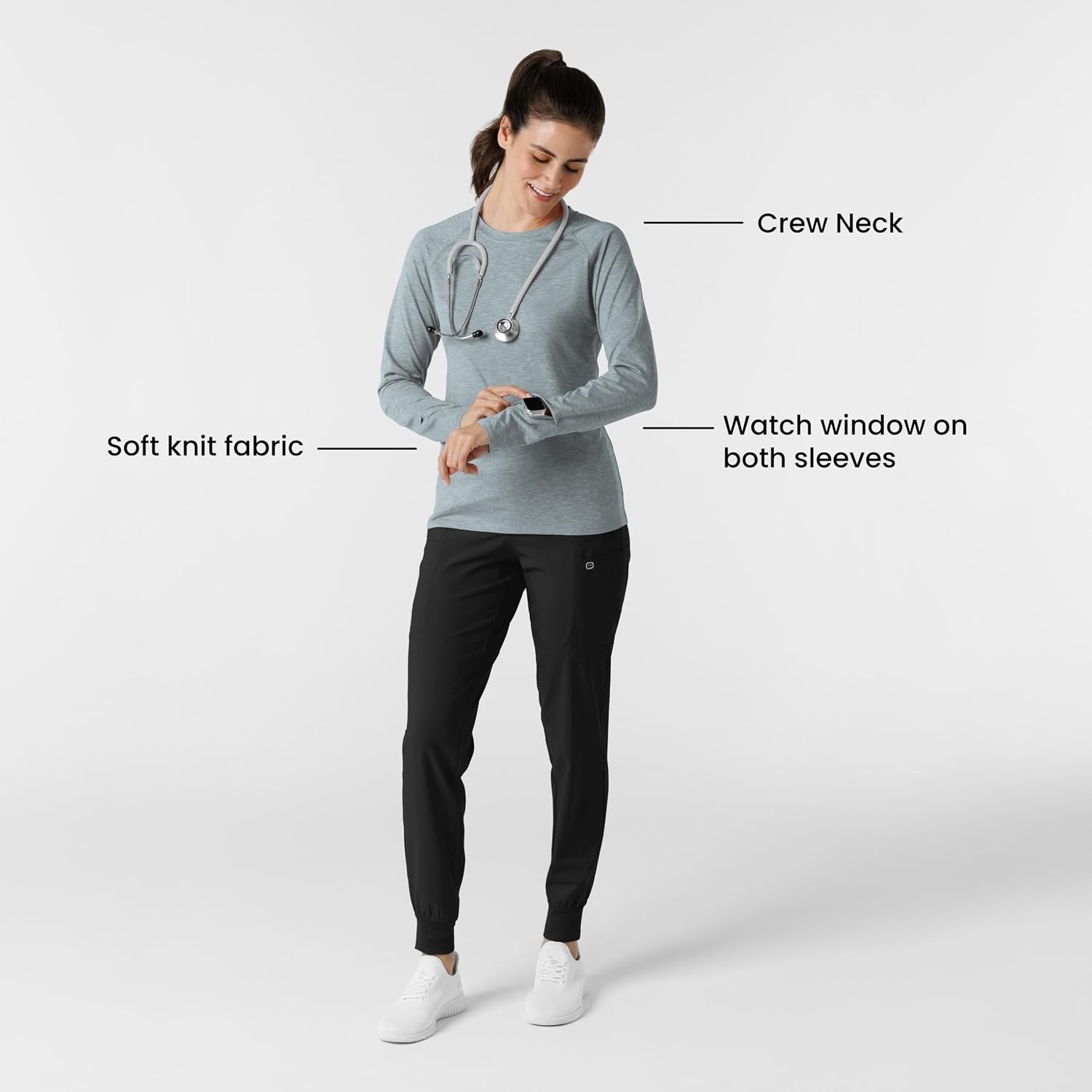 Wink Layers Women’s Watch Window Long Sleeve Underscrub Top(Grey Heather)