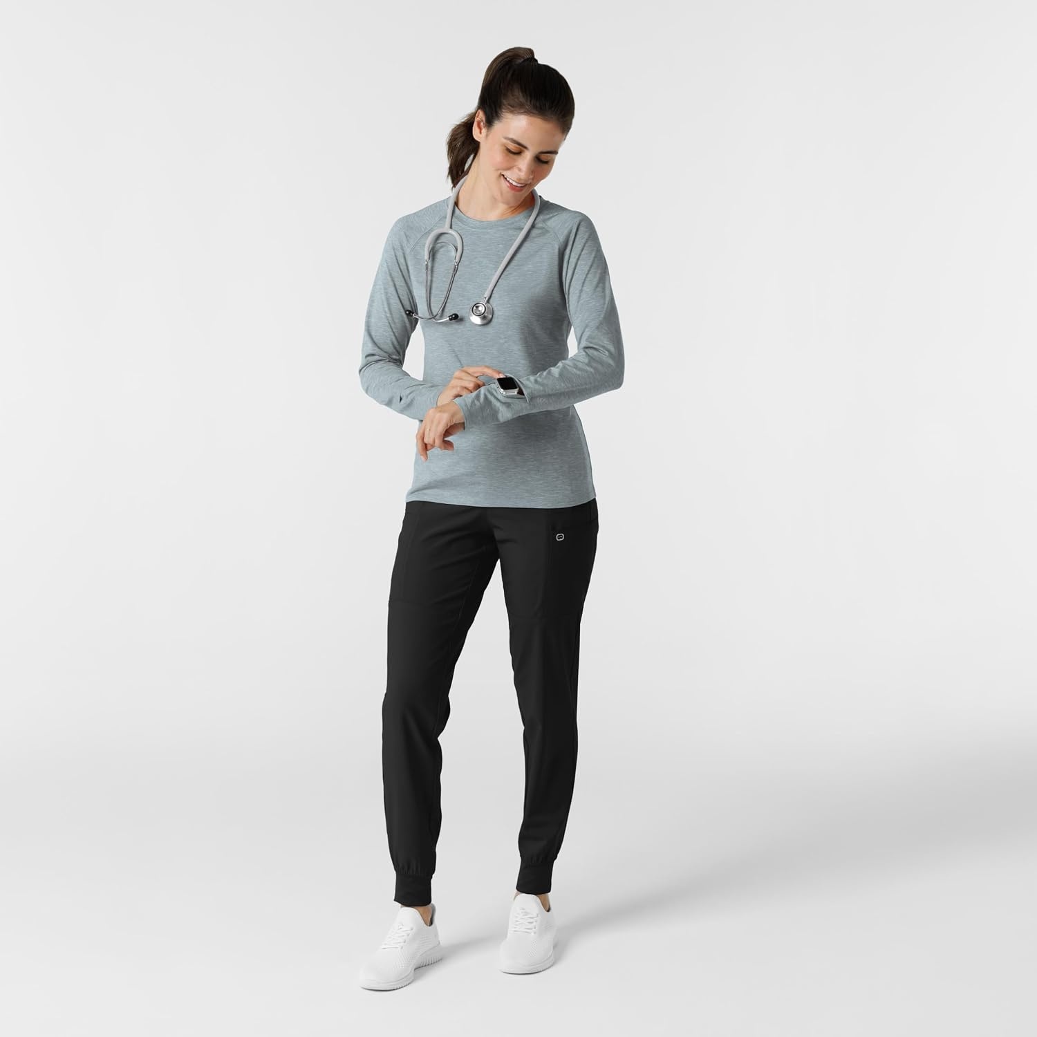 Wink Layers Women’s Watch Window Long Sleeve Underscrub Top(Grey Heather)