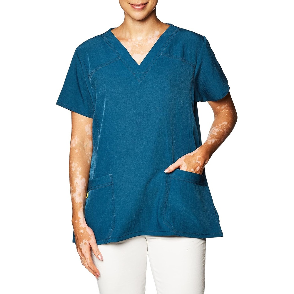WonderWink Women’s Scrubs Four Way Stretch Sporty V-Neck Top, Caribbean, Small
