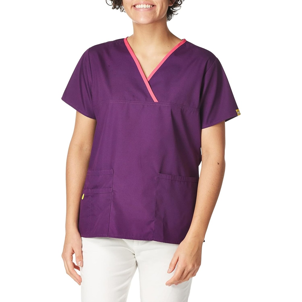 WonderWink Women’s Scrubs Charlie 5 Pocket Y-Neck Wrap Top, Eggplant, 3X-Large