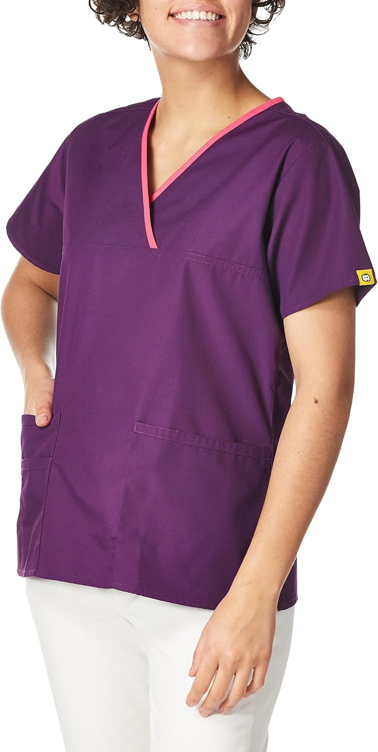 WonderWink Women’s Scrubs Charlie 5 Pocket Y-Neck Wrap Top, Eggplant, 3X-Large