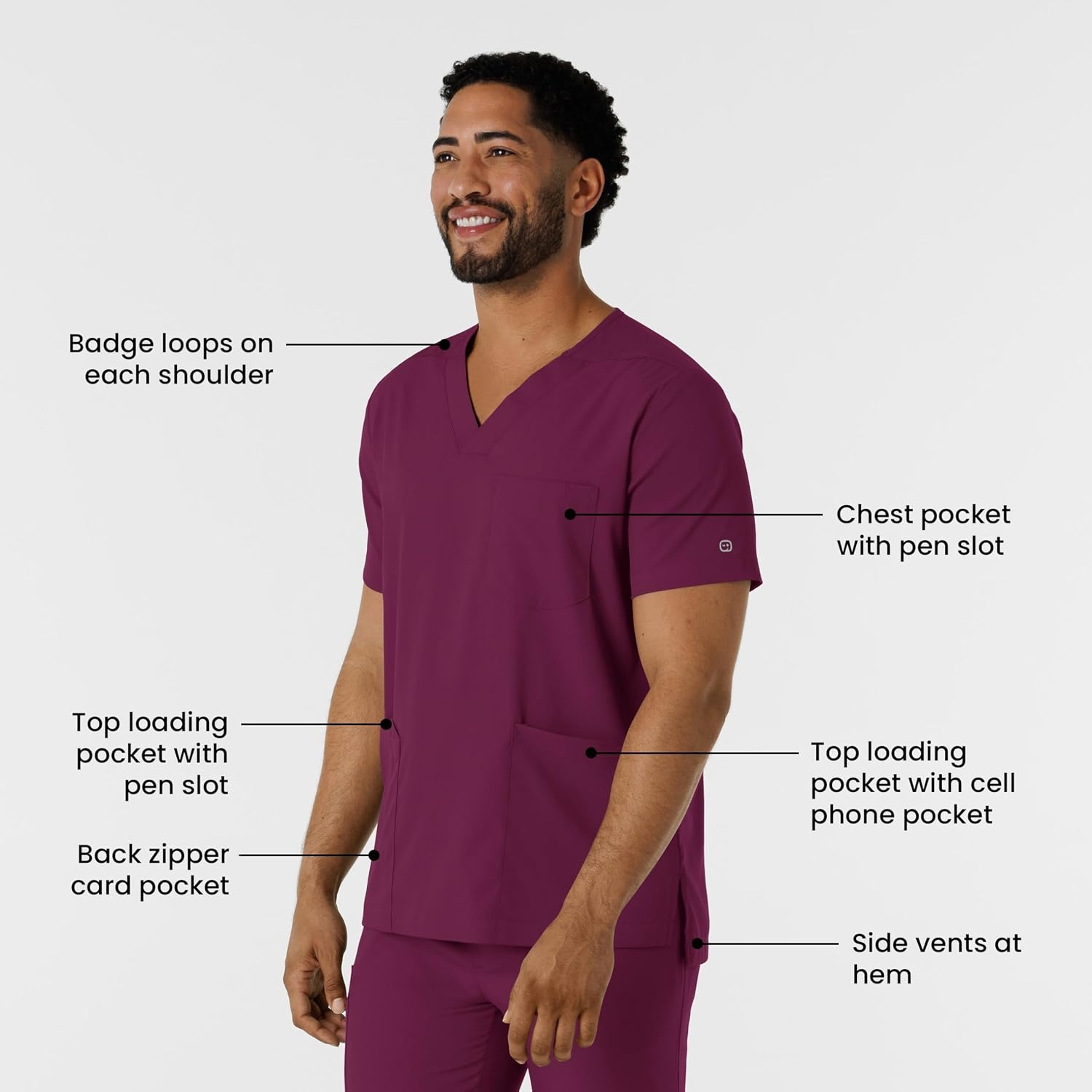Wink Boundless Men’s Multi Pocket V-Neck Scrub Top(Wine)