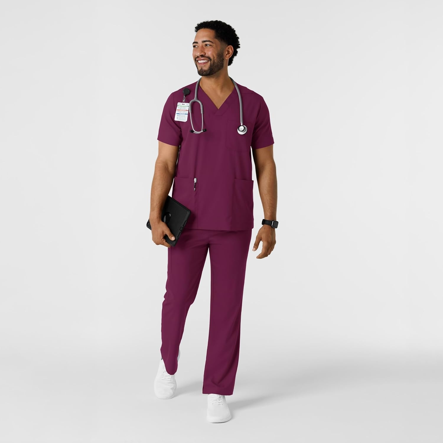 Wink Boundless Men’s Multi Pocket V-Neck Scrub Top(Wine)