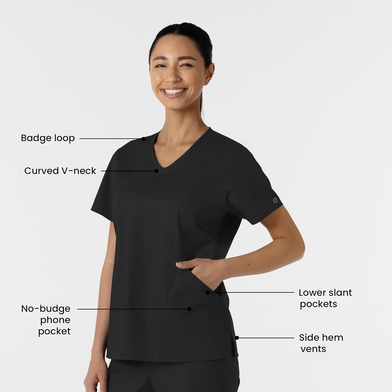 Wink Work Women’s Curved V-Neck Scrub Top(Black)
