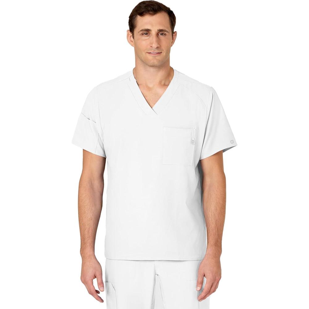 WINK Scrubs for Men, W123, V-Neck Tops with 6 Pockets(White)
