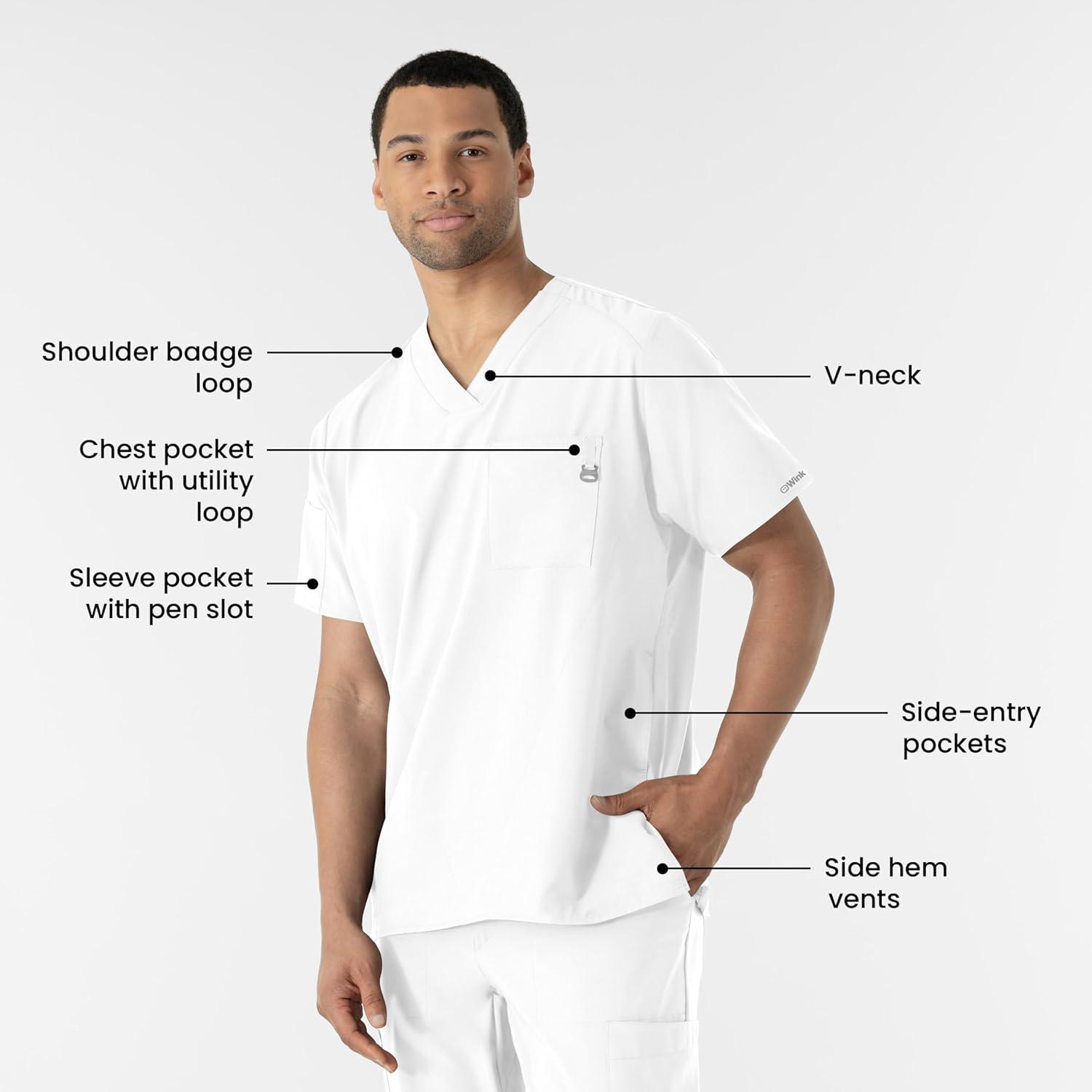 WINK Scrubs for Men, W123, V-Neck Tops with 6 Pockets(White)