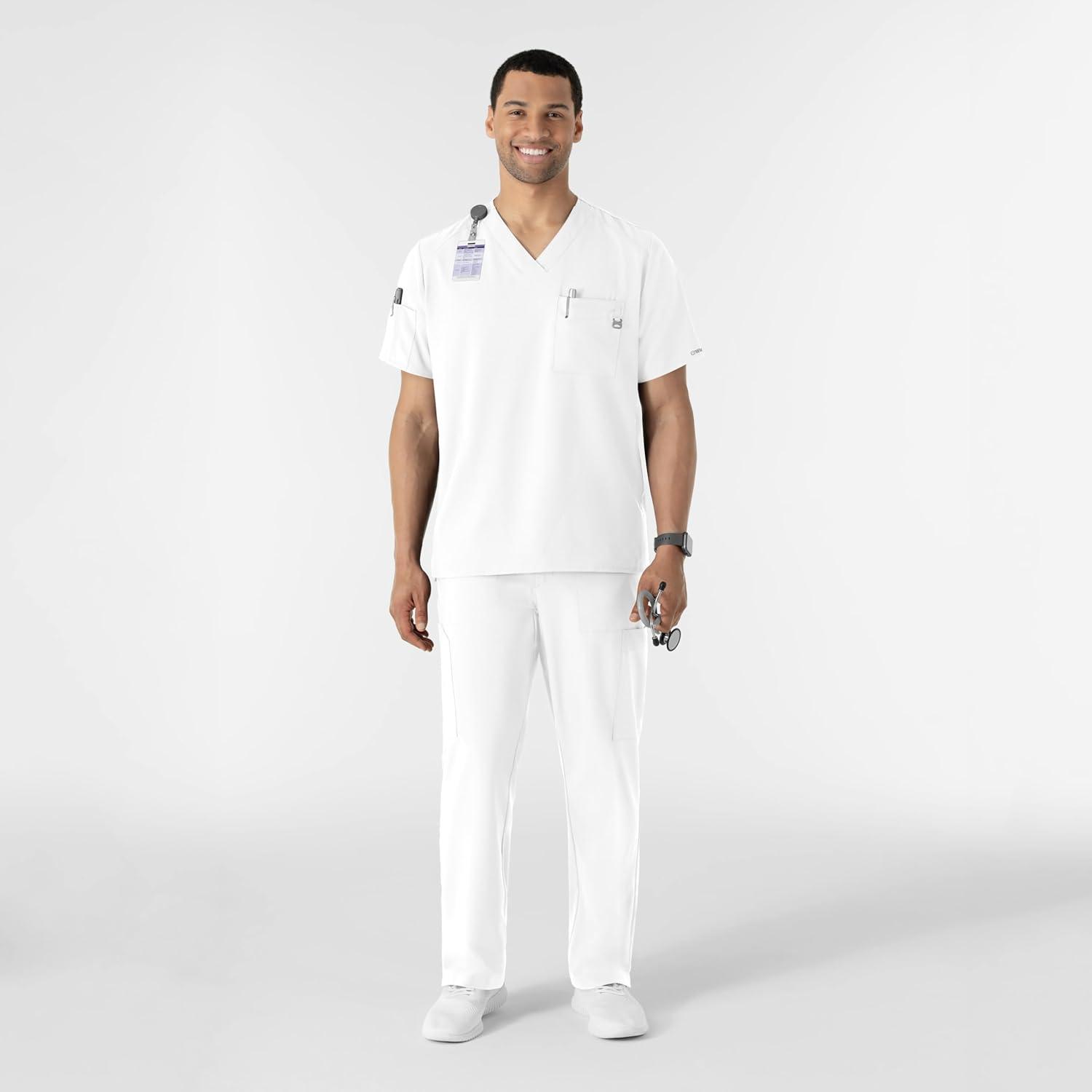 WINK Scrubs for Men, W123, V-Neck Tops with 6 Pockets(White)