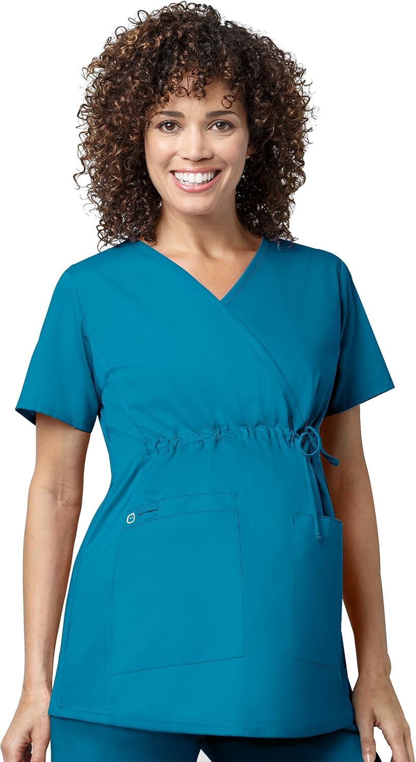 Wink WonderWORK Scrubs for Maternity Mock Wrap Scrub Tops(Teal Blue)