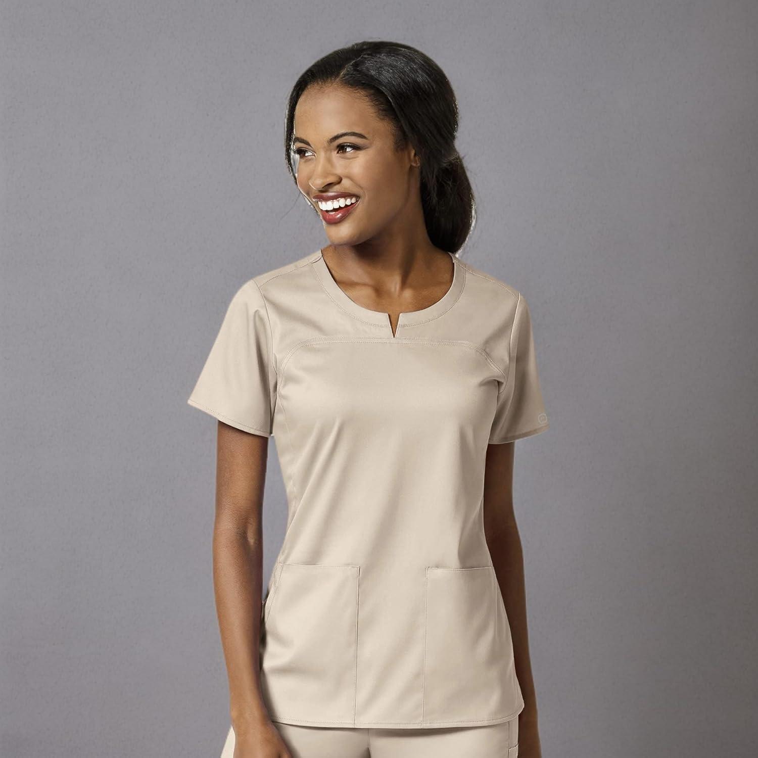 WonderWink Womens Women’s 4 Pocket Notch Neck Scrub Top(Khaki)