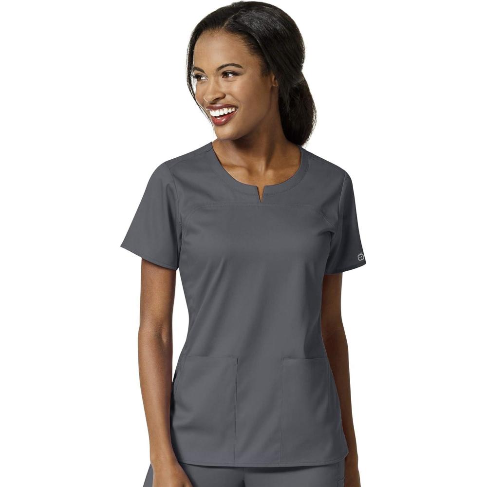 WonderWink Womens Women’s 4 Pocket Notch Neck Scrub Top(Pewter)