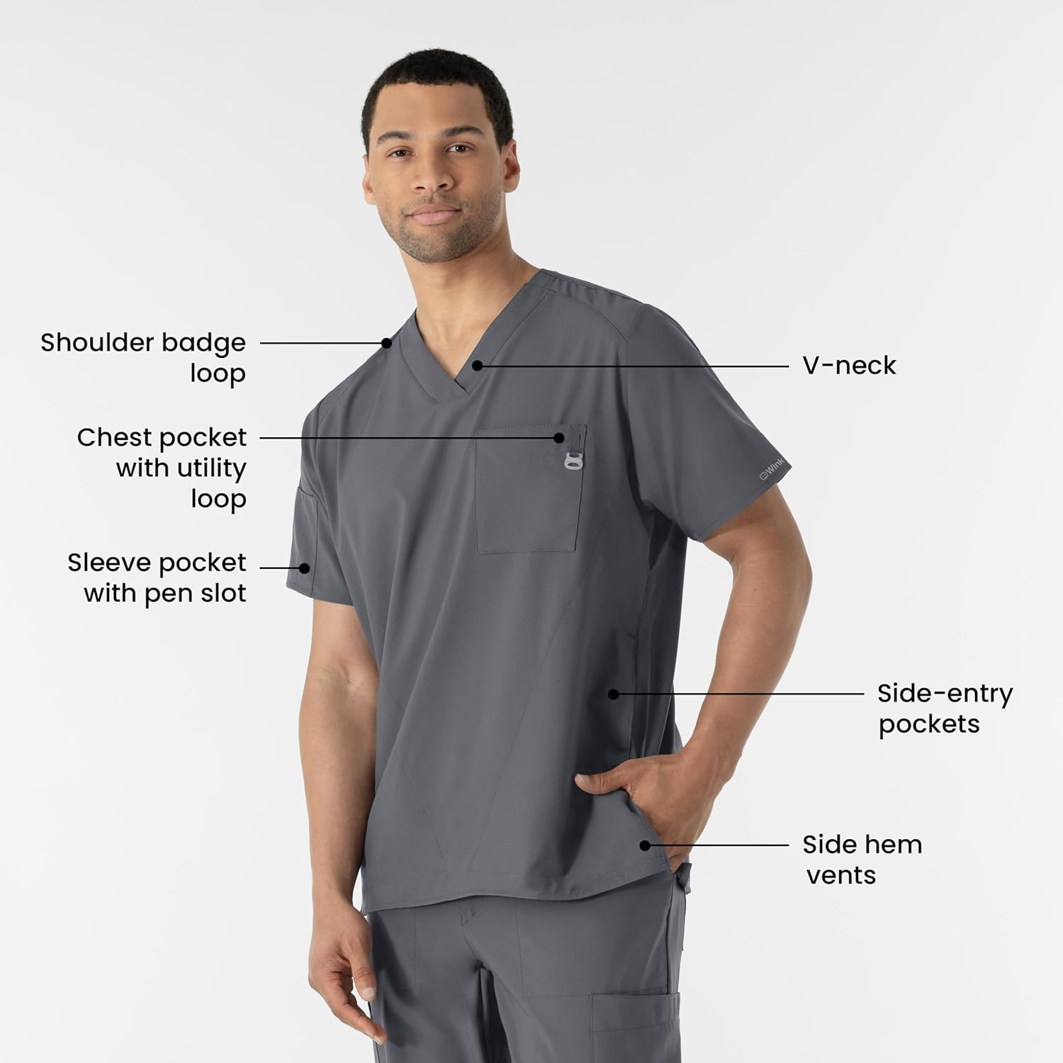 WINK W123 Men’s V-Neck Scrub Top(Pewter)