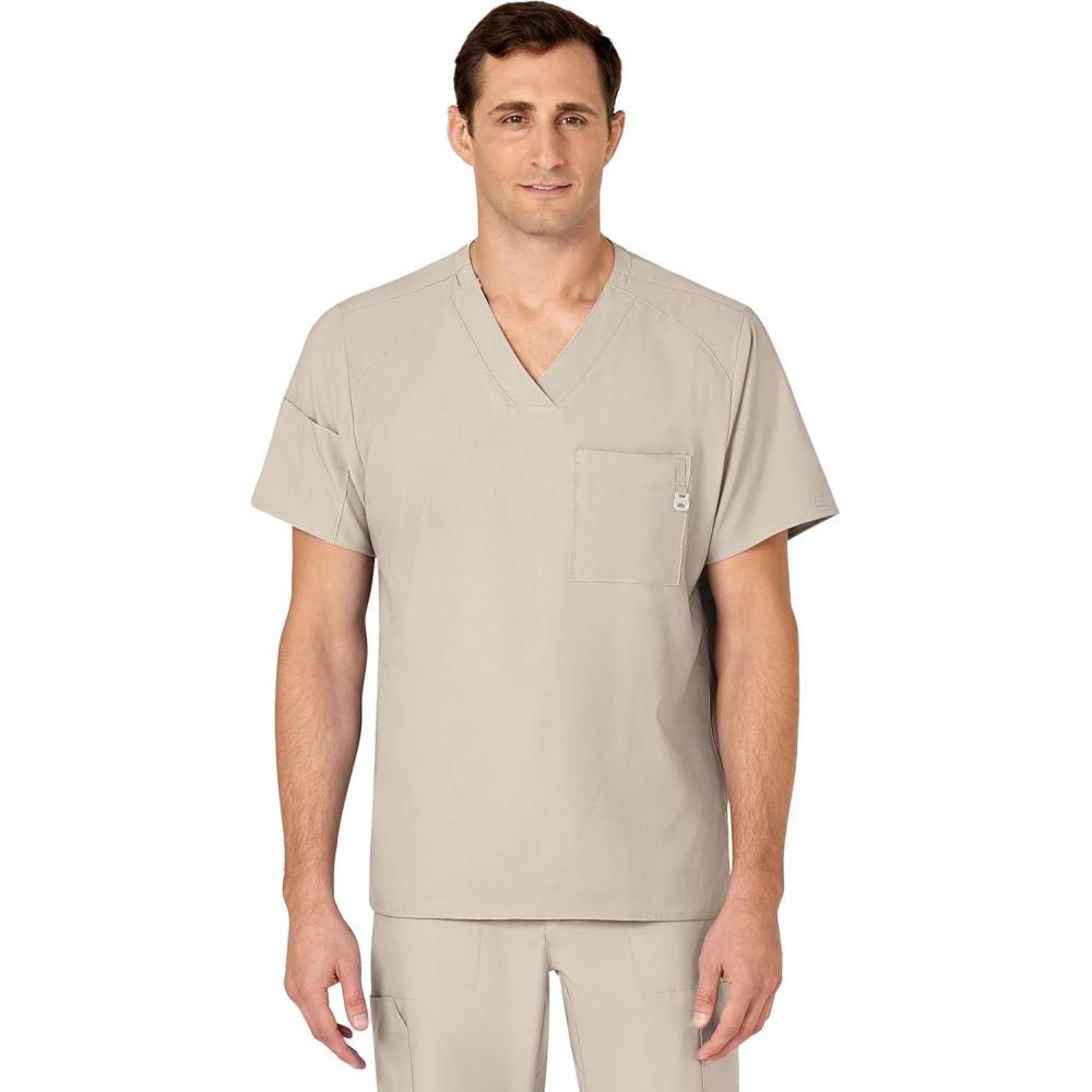 WINK Scrubs for Men, W123, V-Neck Tops with 6 Pockets(Khaki)