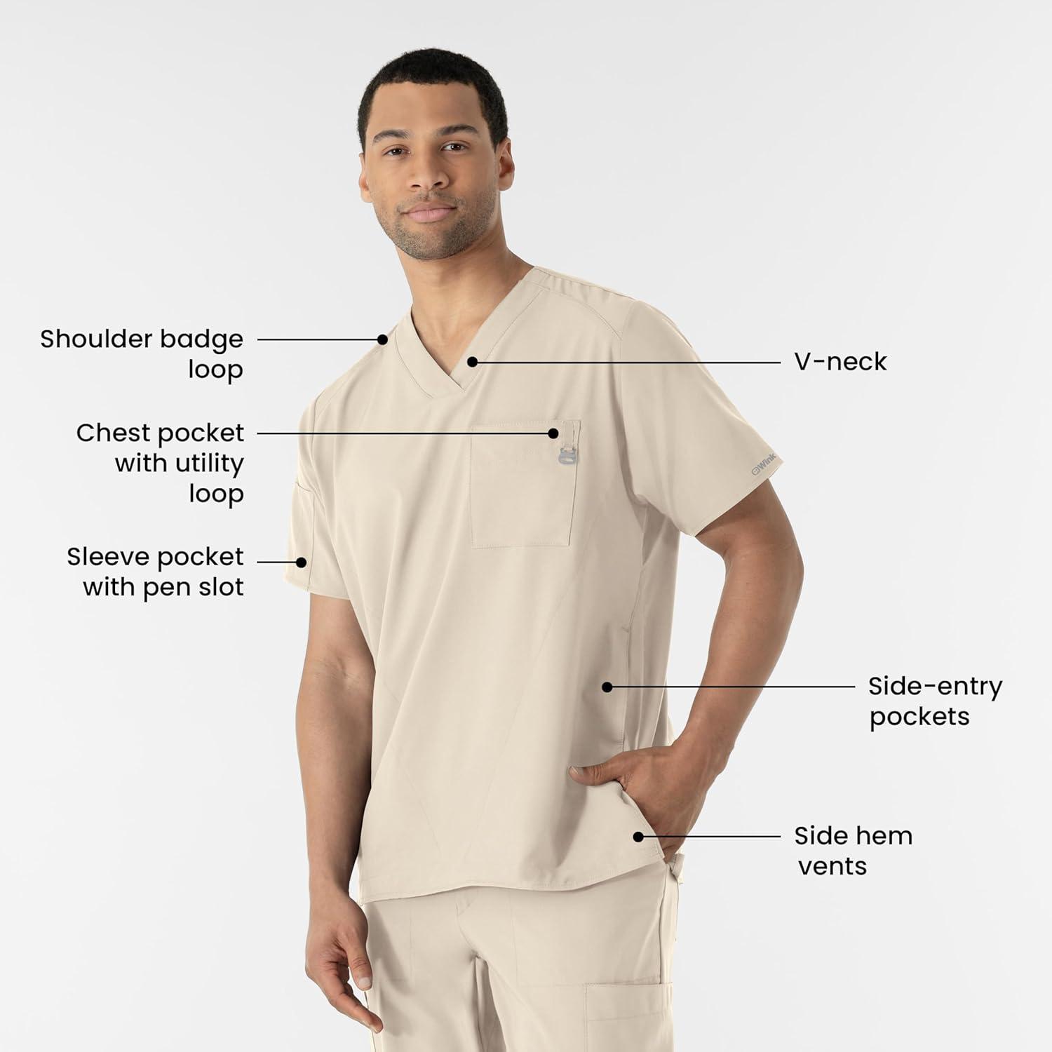 WINK Scrubs for Men, W123, V-Neck Tops with 6 Pockets(Khaki)