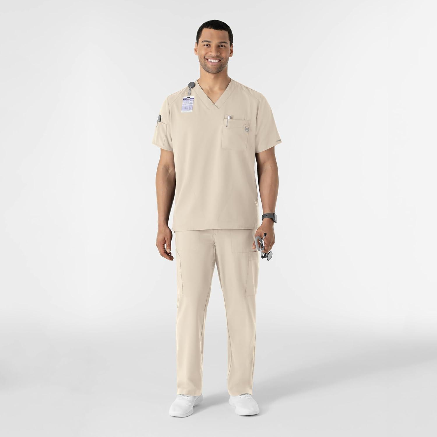 WINK Scrubs for Men, W123, V-Neck Tops with 6 Pockets(Khaki)