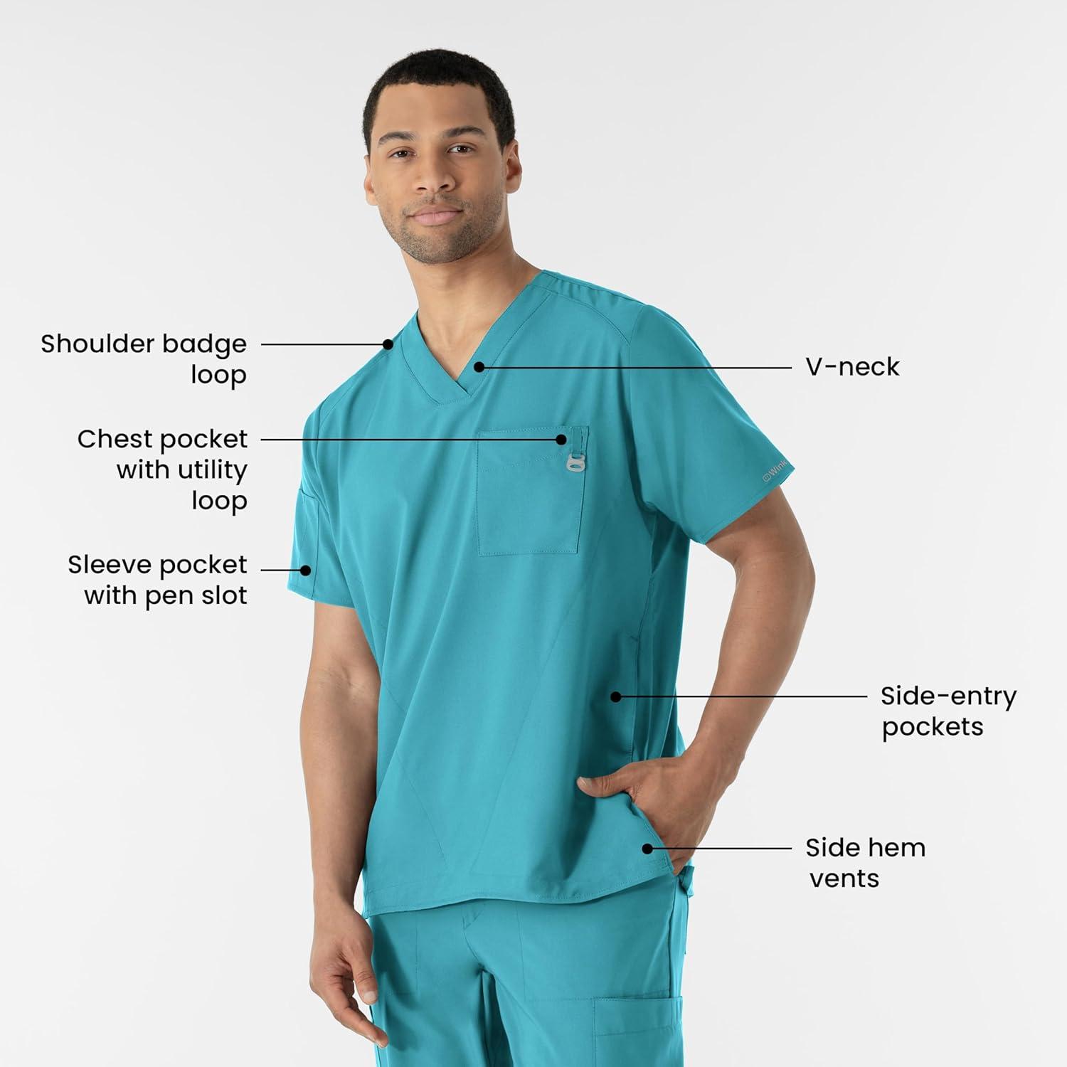 WINK Scrubs for Men, W123, V-Neck Tops with 6 Pockets(Teal Blue)
