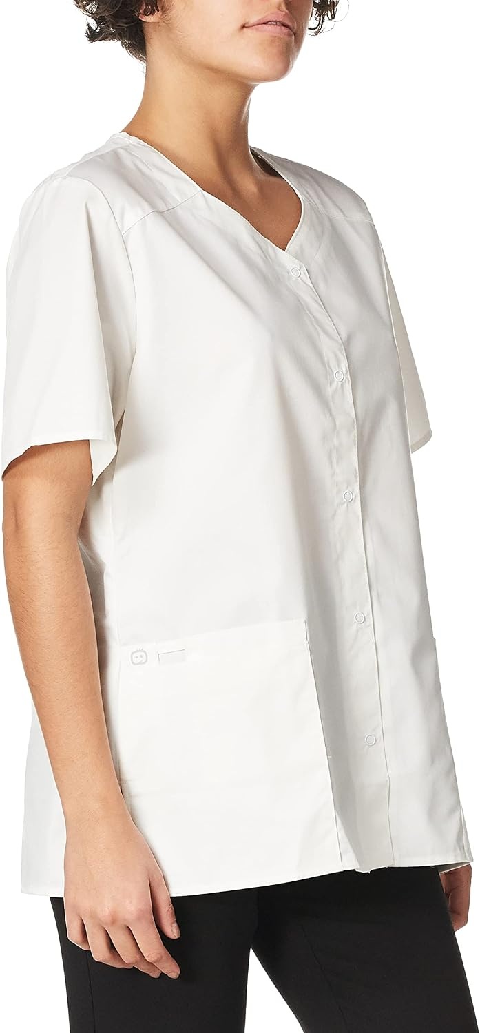 WINK WonderWORK Women’s Short Sleeve Snap Front Scrub Top(White)