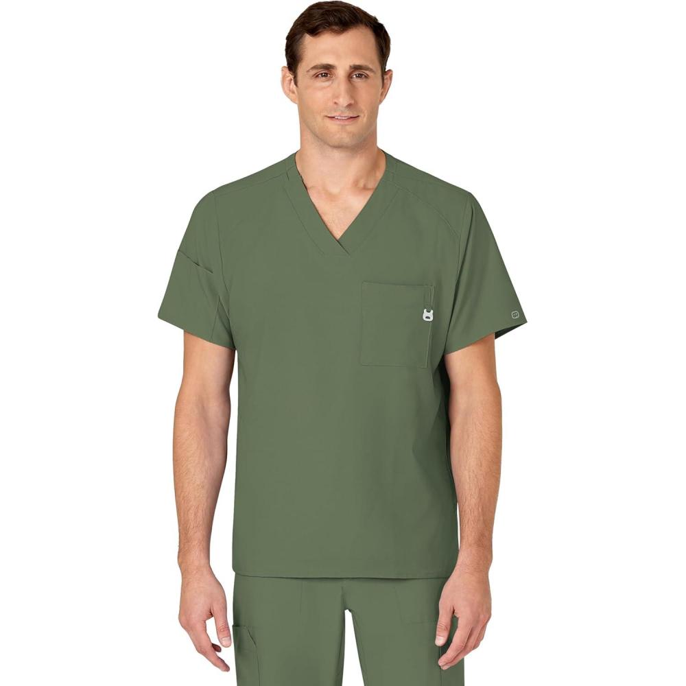 WINK Scrubs for Men, W123, V-Neck Tops with 6 Pockets(Olive)