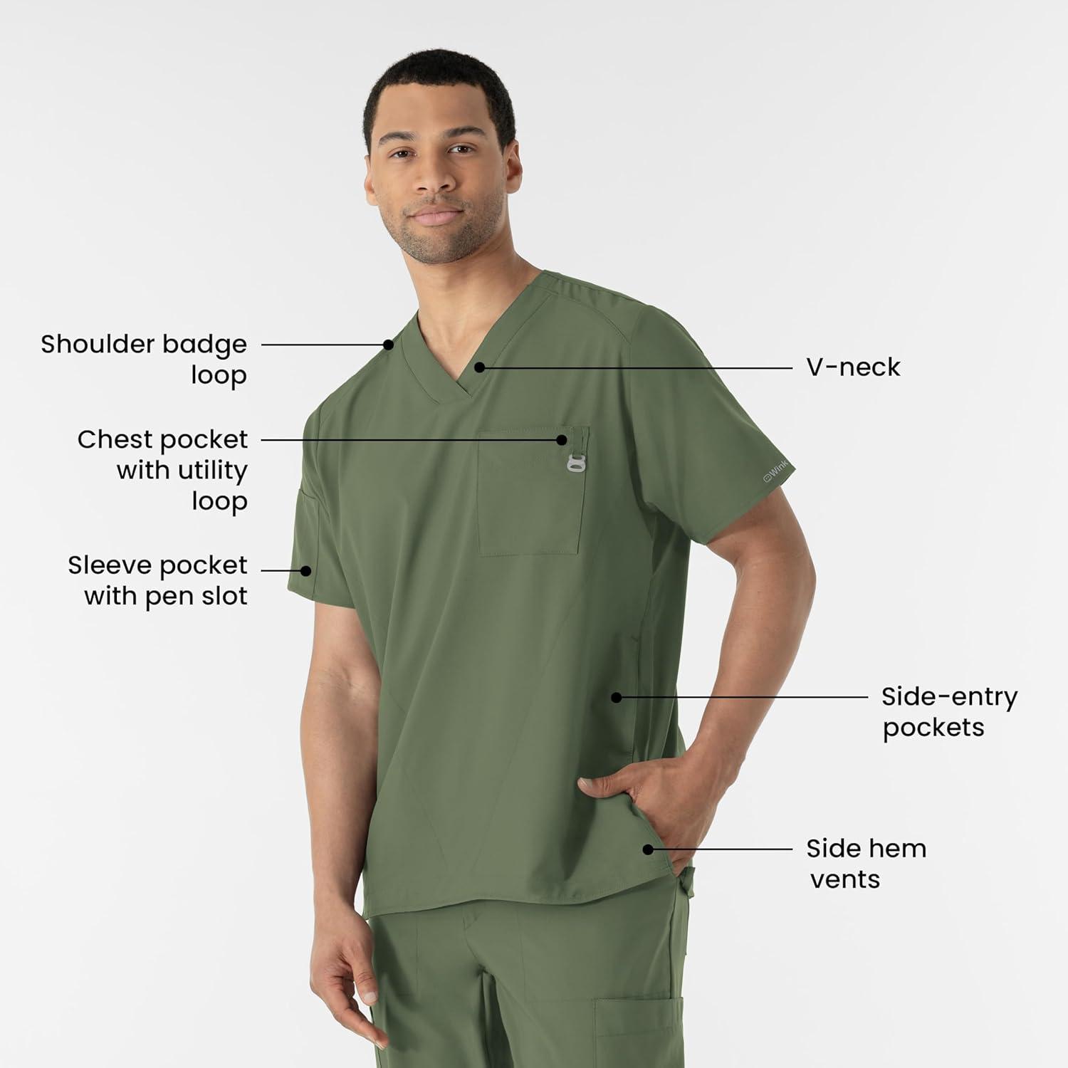 WINK Scrubs for Men, W123, V-Neck Tops with 6 Pockets(Olive)