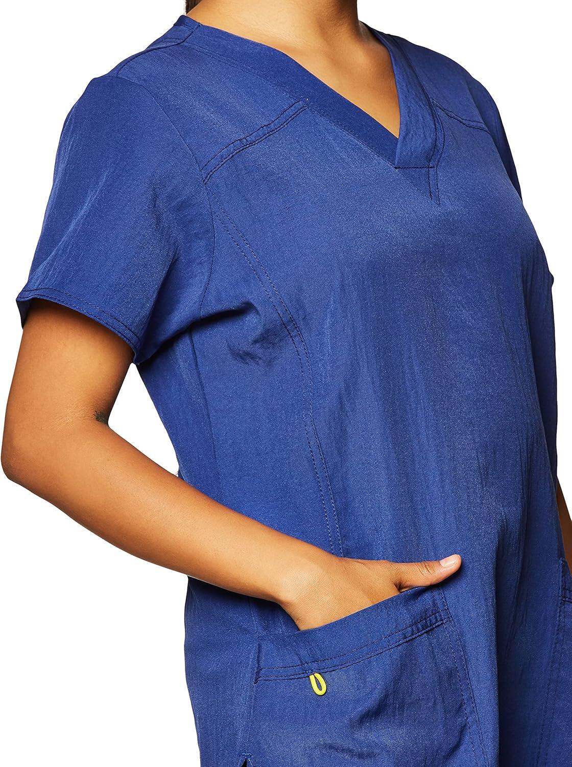 WonderWink Women’s Four Stretch Sporty V-Neck Scrub Top – XS-3XL, 3 Pockets, Eye Protection, Meets ANSI Z87.1(Pack of 1)(Galaxy Blue)