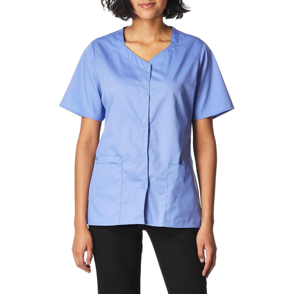 WonderWink Women’s Wonderwork Short Sleeve Snap Jacket(Ceil Blue)
