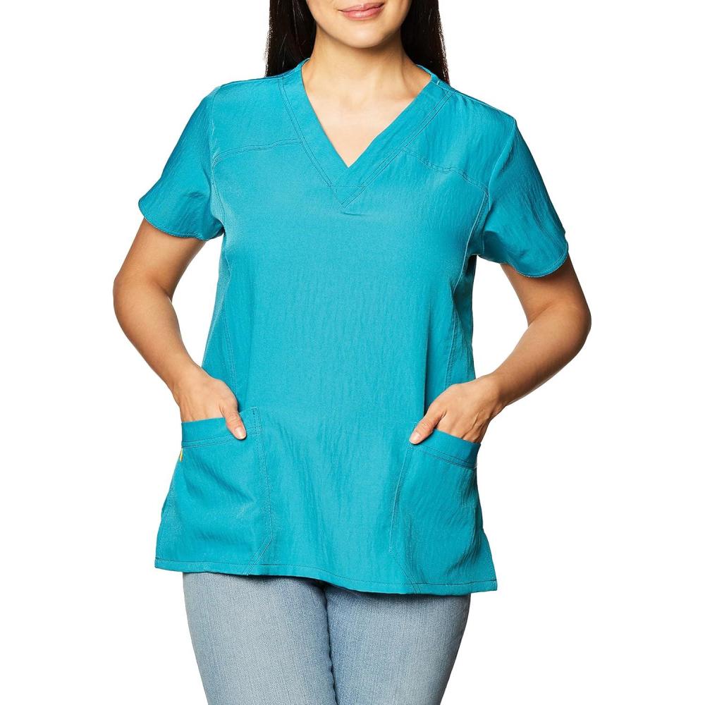 WonderWink Women’s Four Stretch Sporty V-Neck Scrub Top – XS-3XL, 3 Pockets, Eye Protection, Meets ANSI Z87.1(Pack of 1)(Real Teal)