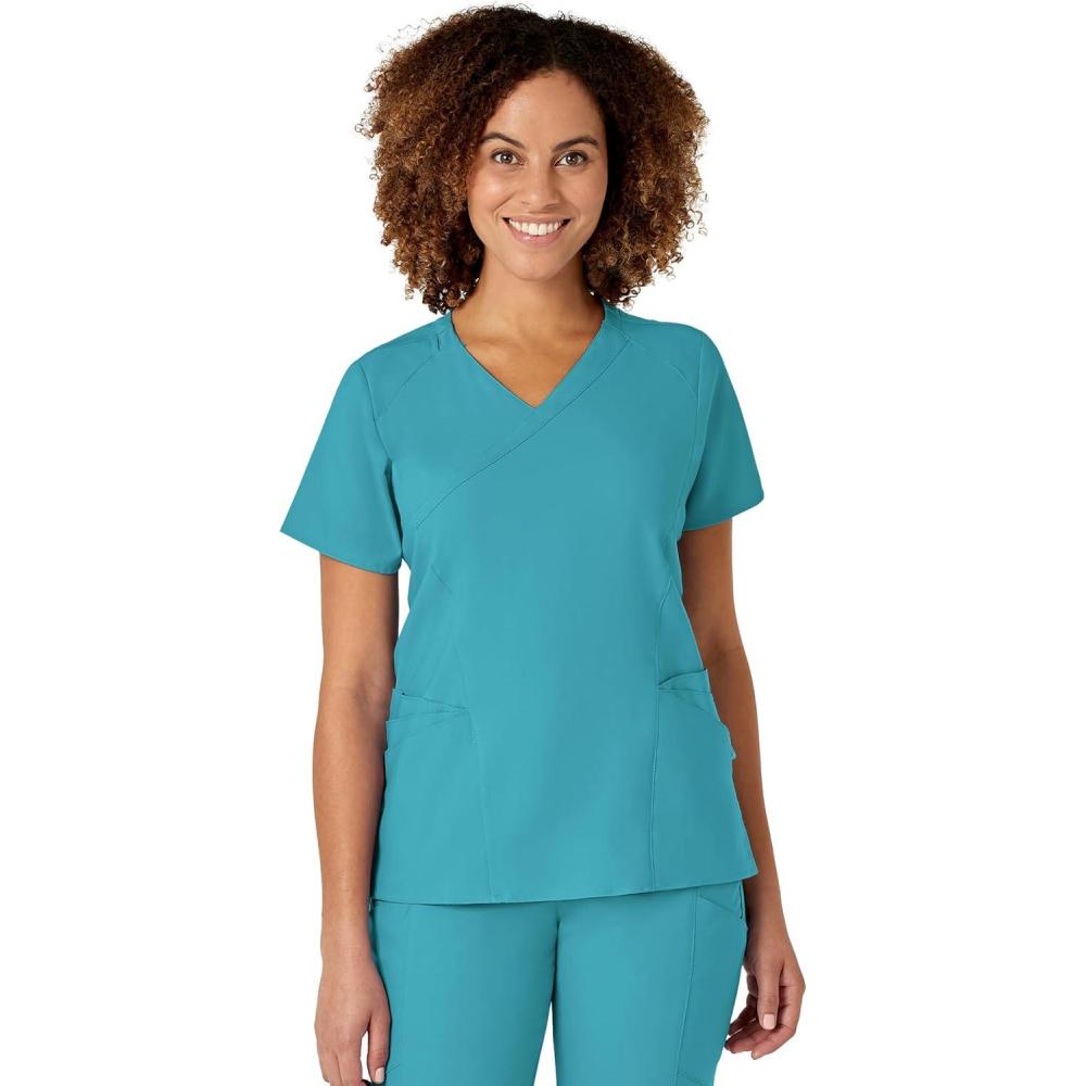 WonderWink W123 Women’s Mock Wrap Scrub Top, Teal Blue, M