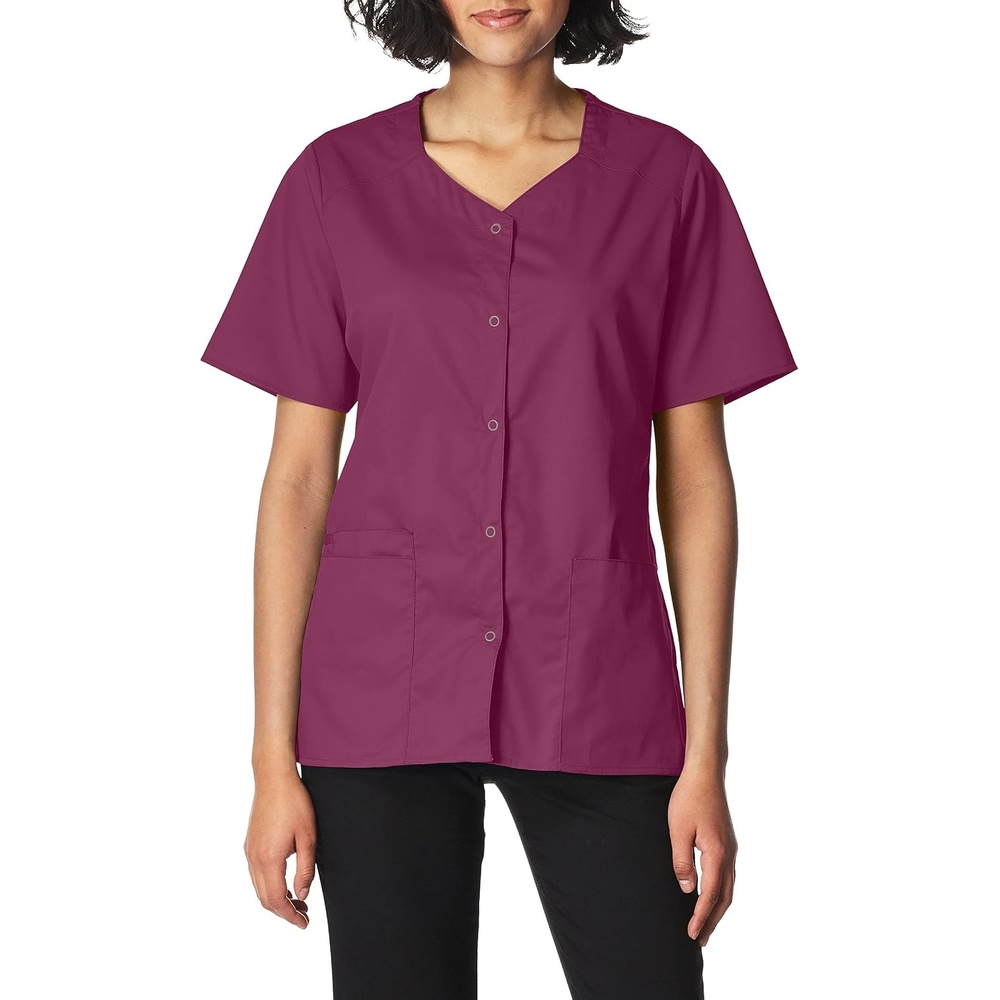 WINK WonderWORK Women’s Short Sleeve Snap Front Scrub Top(Wine)
