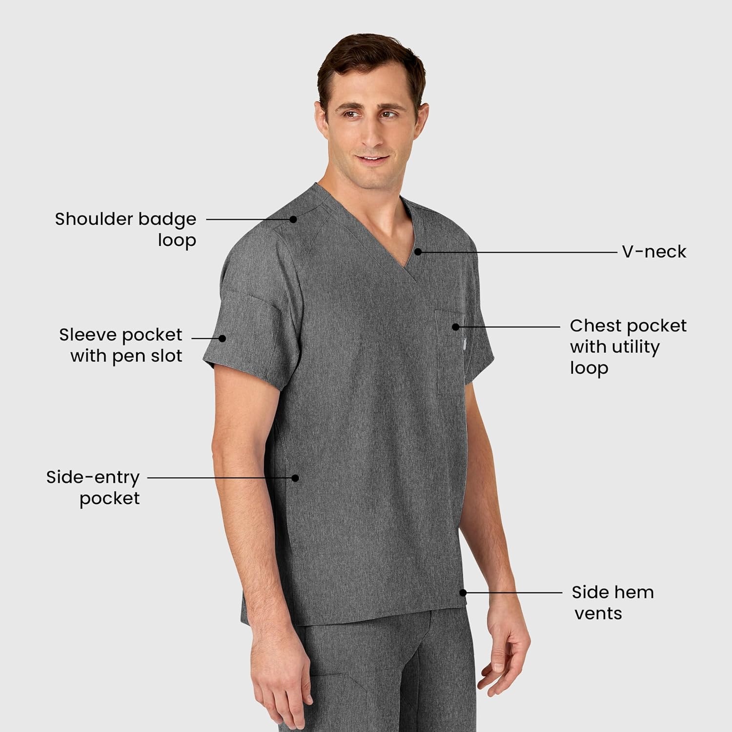 WINK W123 Men’s V-Neck Scrub Top(Charcoal Heather)