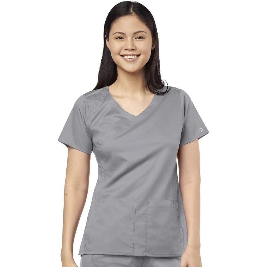 WonderWink Womens 4-Pocket Mock Wrap Top(Grey)
