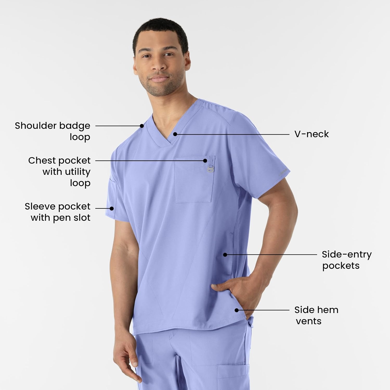 WINK W123 Men’s V-Neck Scrub Top(Ceil Blue)