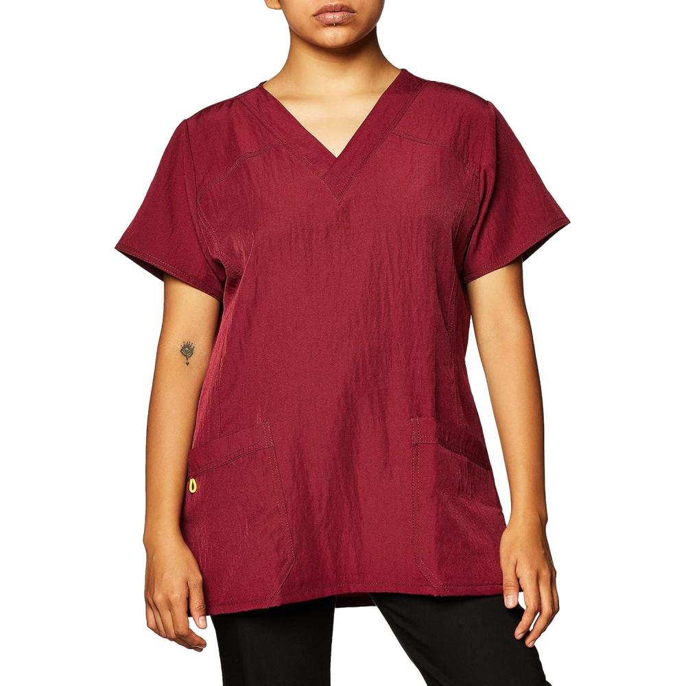 WonderWink Women’s Four Stretch Sporty V-Neck Scrub Top – XS-3XL, 3 Pockets, Eye Protection, Meets ANSI Z87.1(Pack of 1)(Wine)