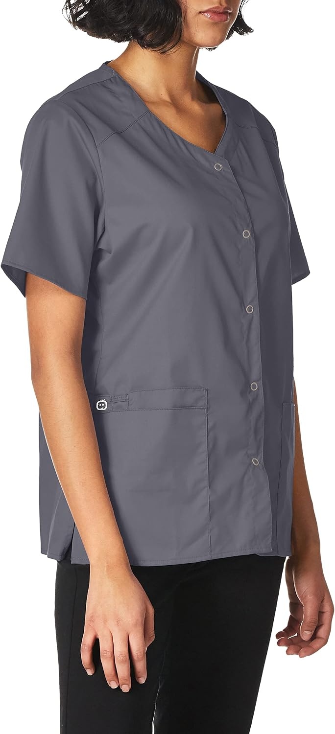 WINK WonderWORK Women’s Short Sleeve Snap Front Scrub Top(Pewter)