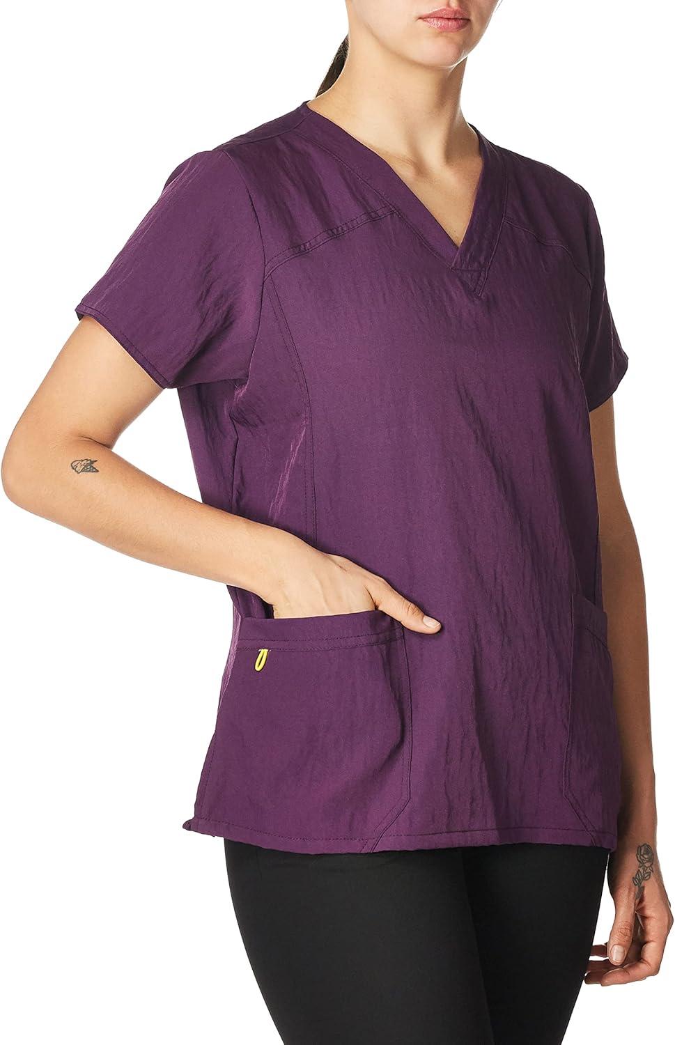 WonderWink Women’s Four Stretch Sporty V-Neck Scrub Top – XS-3XL, 3 Pockets, Eye Protection, Meets ANSI Z87.1(Pack of 1)(Eggplant)