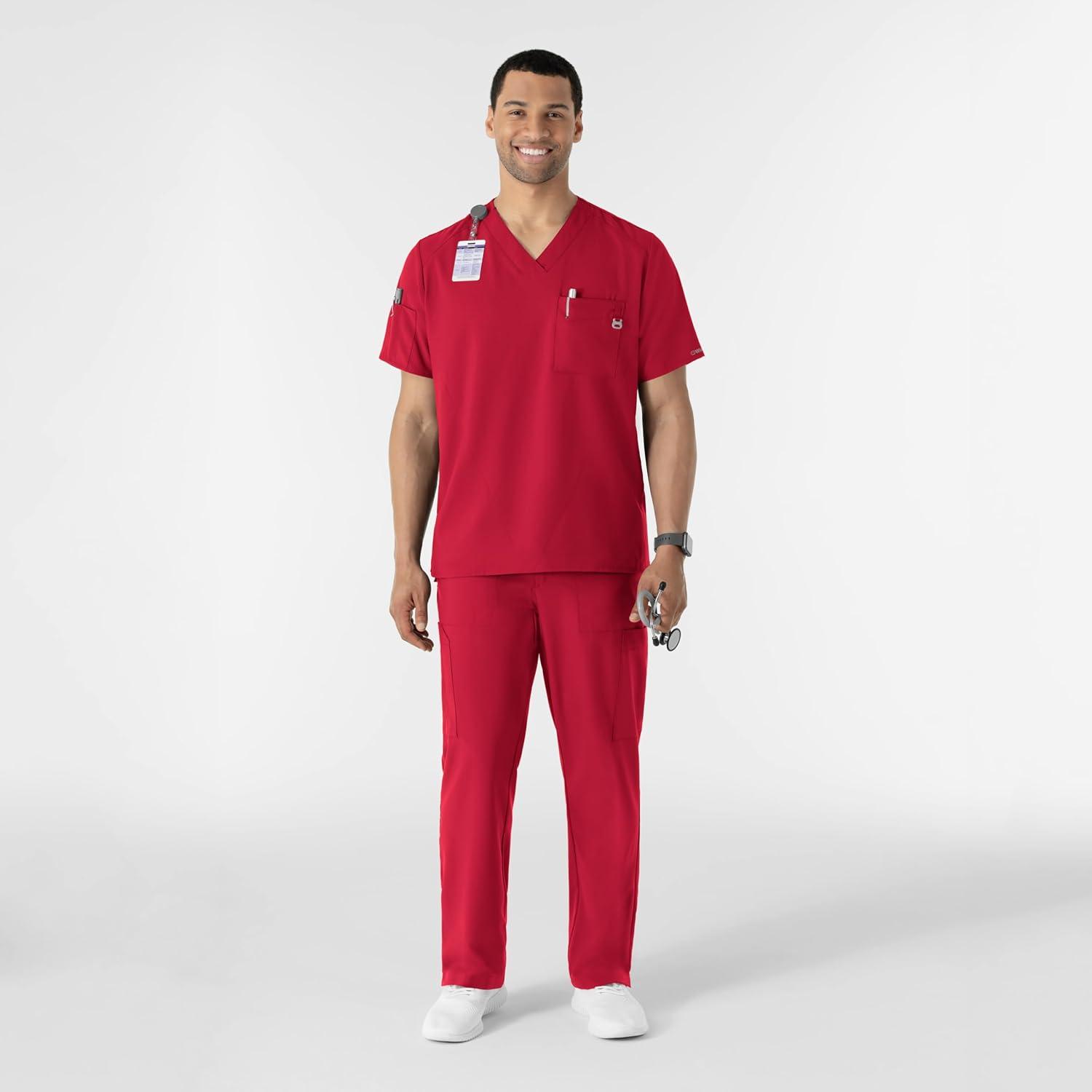 WINK Scrubs for Men, W123, V-Neck Tops with 6 Pockets(Red)