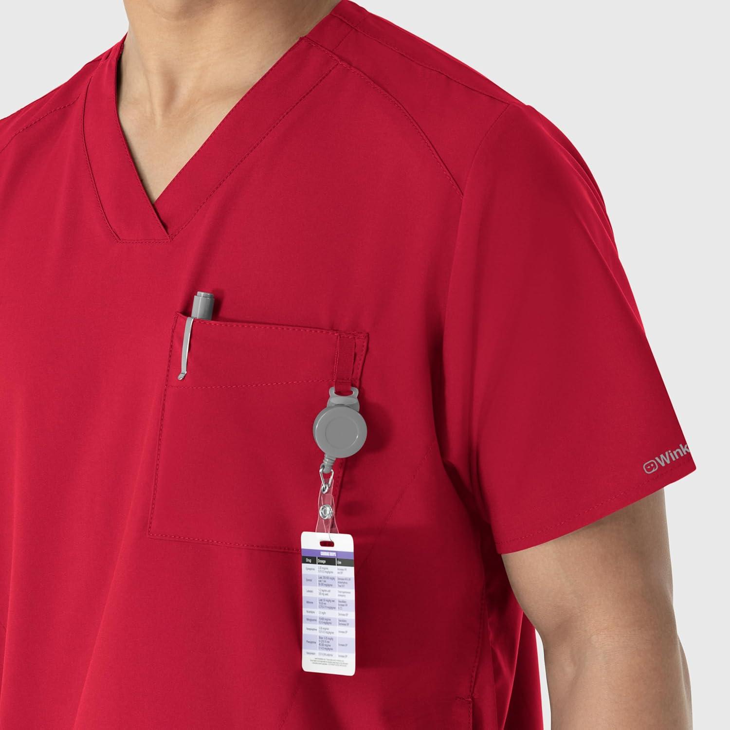 WINK Scrubs for Men, W123, V-Neck Tops with 6 Pockets(Red)