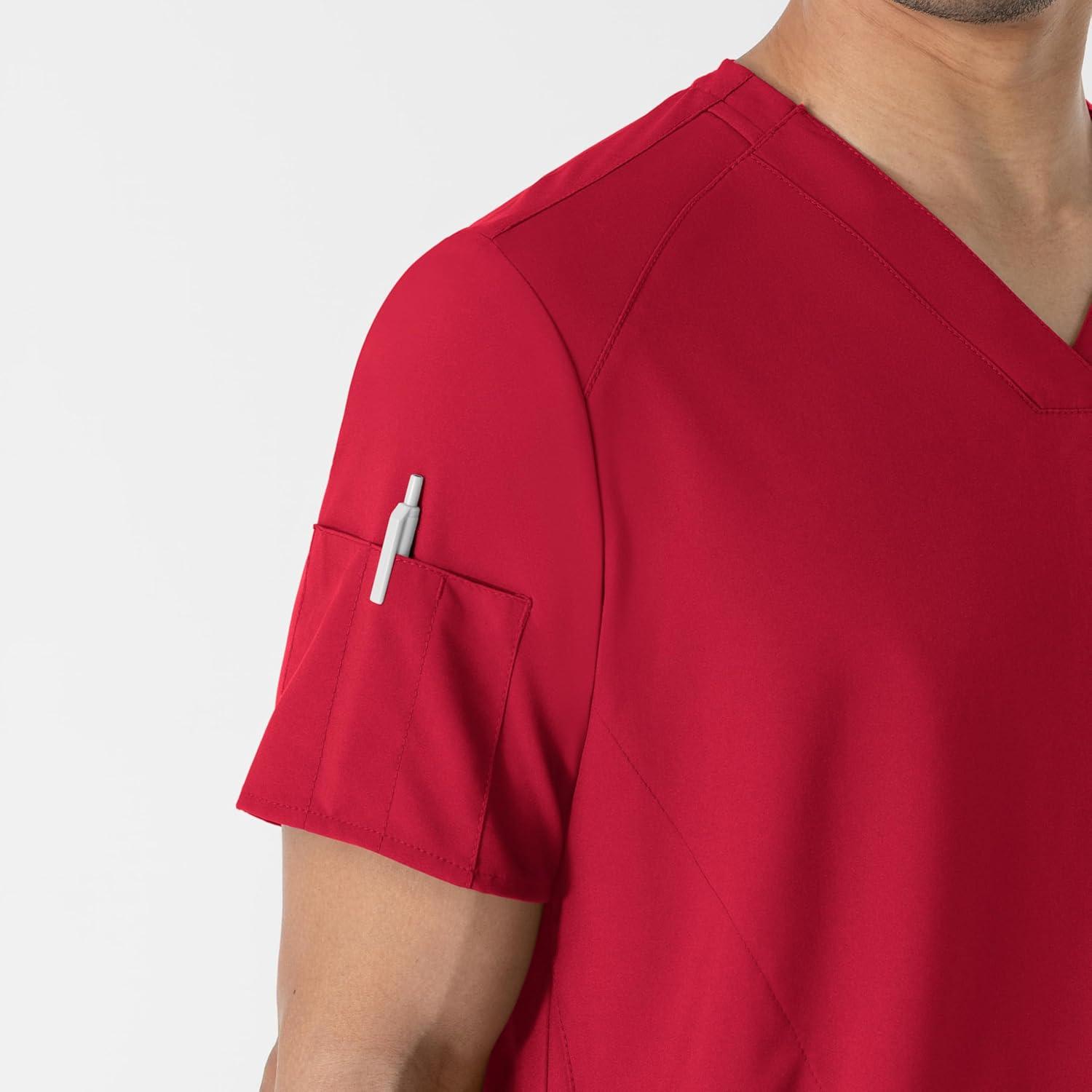 WINK Scrubs for Men, W123, V-Neck Tops with 6 Pockets(Red)