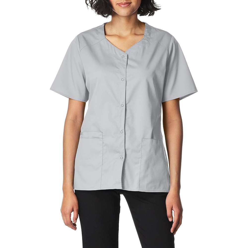 WINK WonderWORK Women’s Short Sleeve Snap Front Scrub Top(Grey)