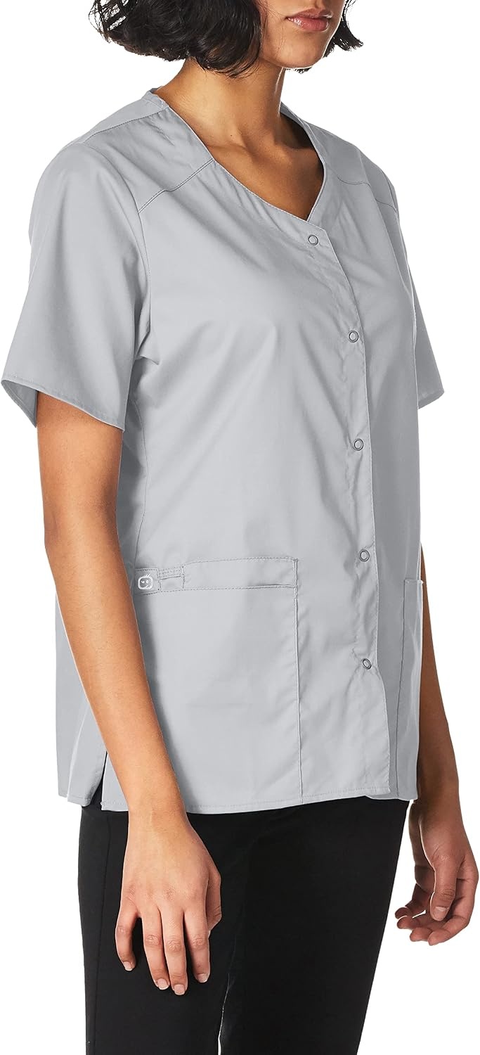 WINK WonderWORK Women’s Short Sleeve Snap Front Scrub Top(Grey)