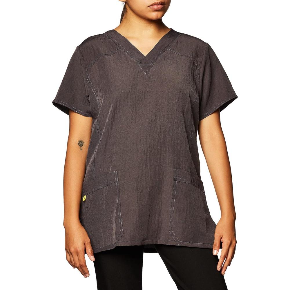 WonderWink Women’s Four Stretch Sporty V-Neck Scrub Top – XS-3XL, 3 Pockets, Eye Protection, Meets ANSI Z87.1(Pack of 1)(Pewter)