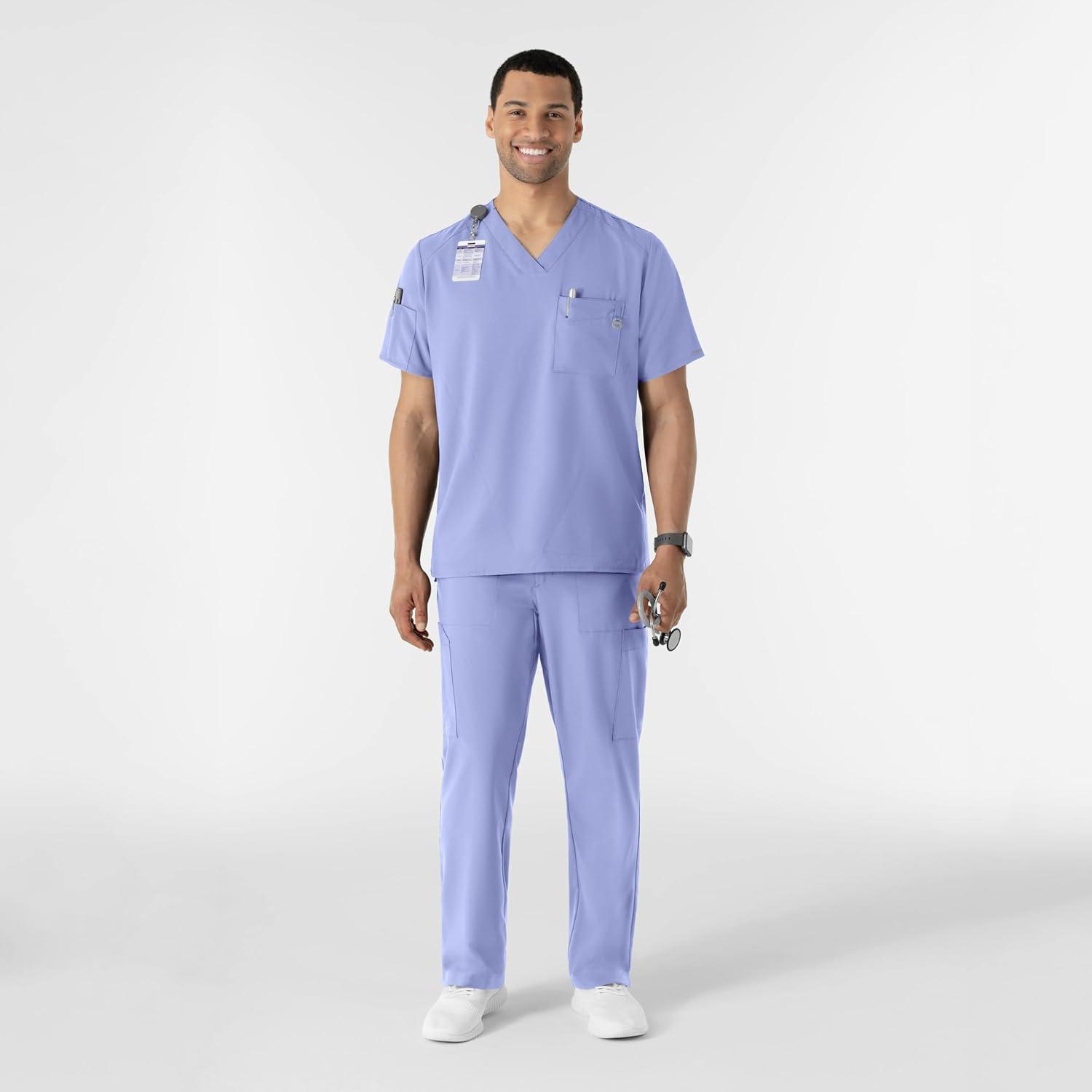 WINK Scrubs for Men, W123, V-Neck Tops with 6 Pockets(Ceil Blue)