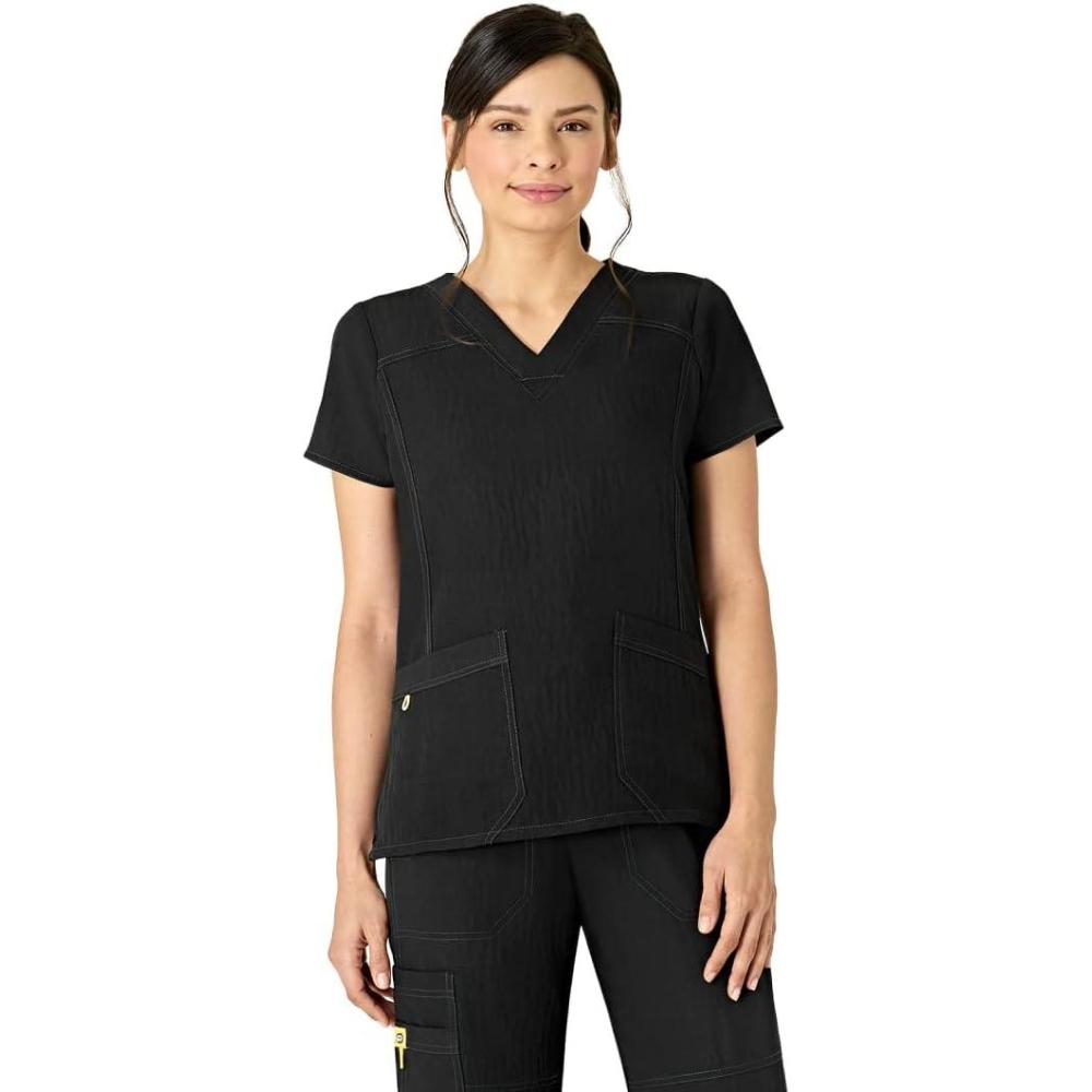 WonderWink Women’s Four Stretch Sporty V-Neck Scrub Top – XS-3XL, 3 Pockets, Eye Protection, Meets ANSI Z87.1(Pack of 1)(Black)