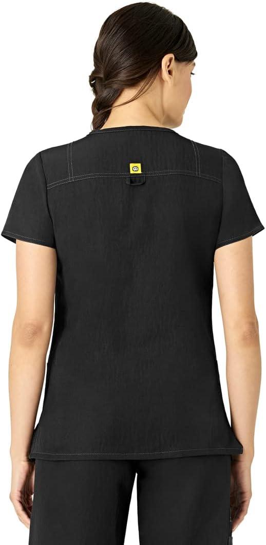 WonderWink Women’s Four Stretch Sporty V-Neck Scrub Top – XS-3XL, 3 Pockets, Eye Protection, Meets ANSI Z87.1(Pack of 1)(Black)
