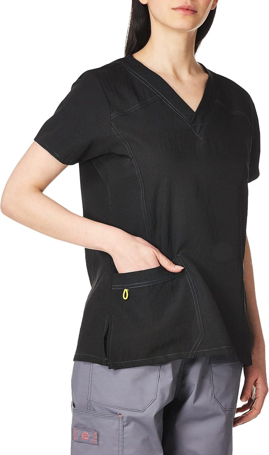 WonderWink Women’s Four Stretch Sporty V-Neck Scrub Top – XS-3XL, 3 Pockets, Eye Protection, Meets ANSI Z87.1(Pack of 1)(Black)