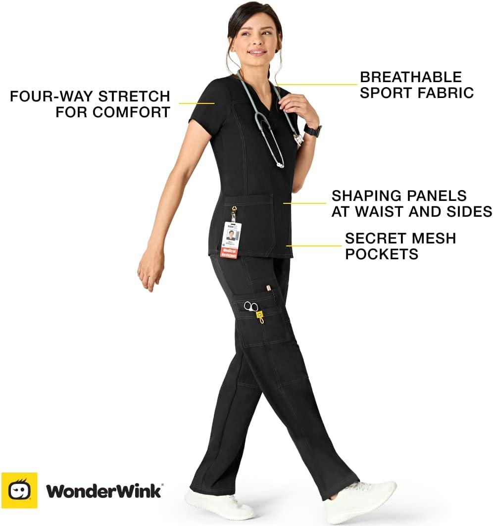 WonderWink Women’s Four Stretch Sporty V-Neck Scrub Top – XS-3XL, 3 Pockets, Eye Protection, Meets ANSI Z87.1(Pack of 1)(Black)