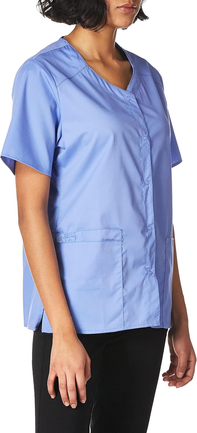 WINK WonderWORK Women’s Short Sleeve Snap Front Scrub Top(Ceil Blue)