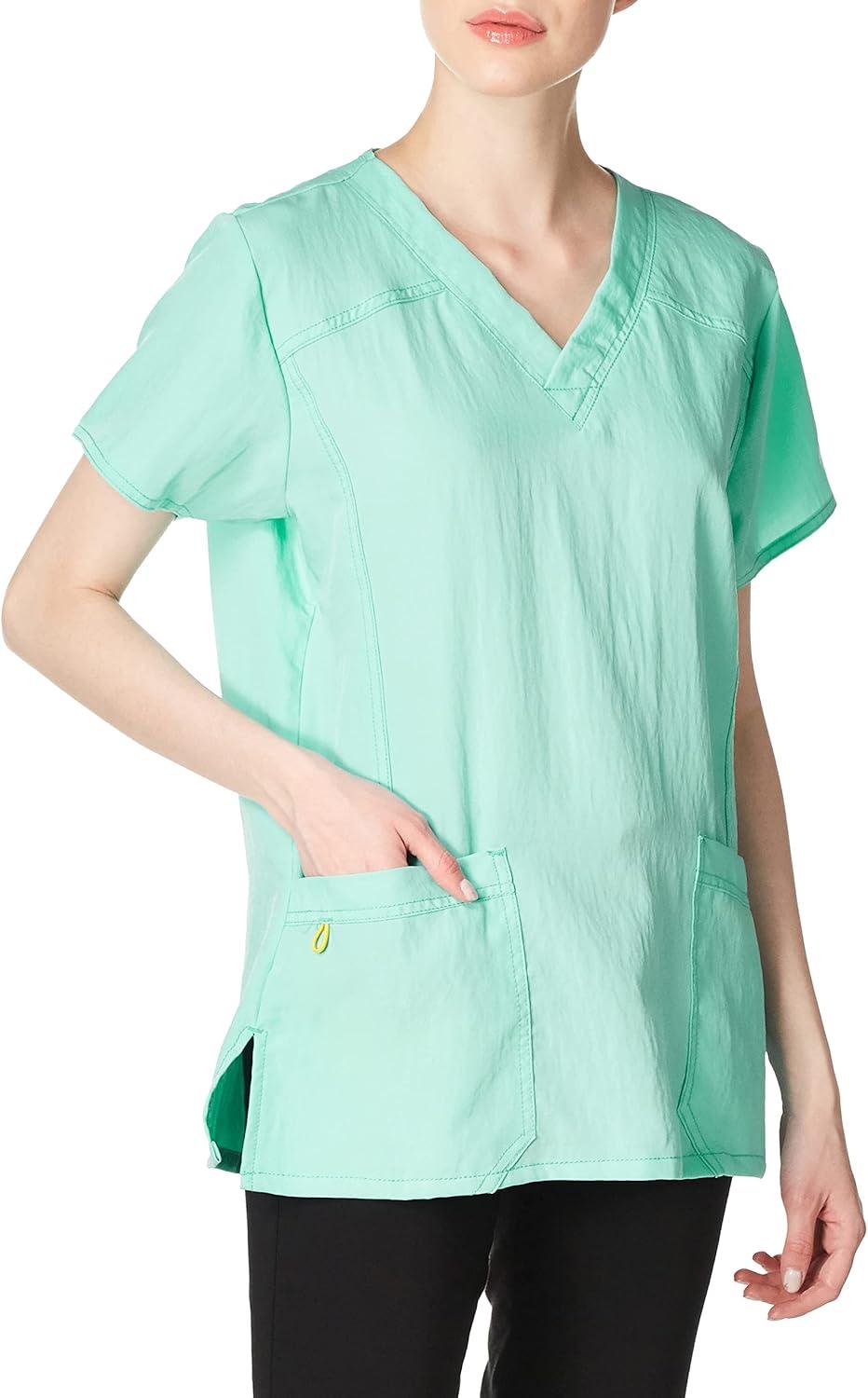 WonderWink Women’s Four Stretch Sporty V-Neck Scrub Top – XS-3XL, 3 Pockets, Eye Protection, Meets ANSI Z87.1(Pack of 1)(Aruba Blue)