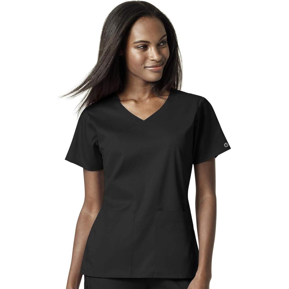 WonderWink Womens Women’s 4 Pocket Wrap Scrub Top(Black)