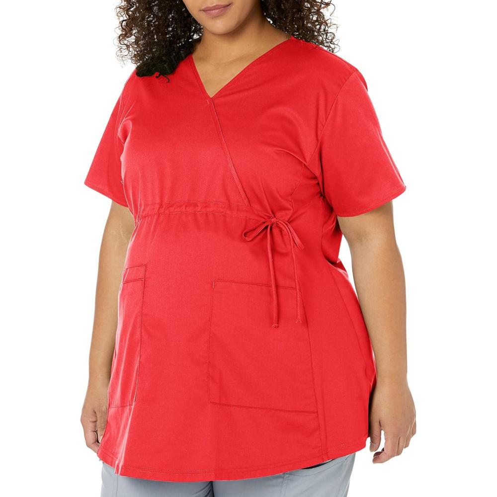 Wink WonderWORK Scrubs for Maternity Mock Wrap Scrub Tops(Red)