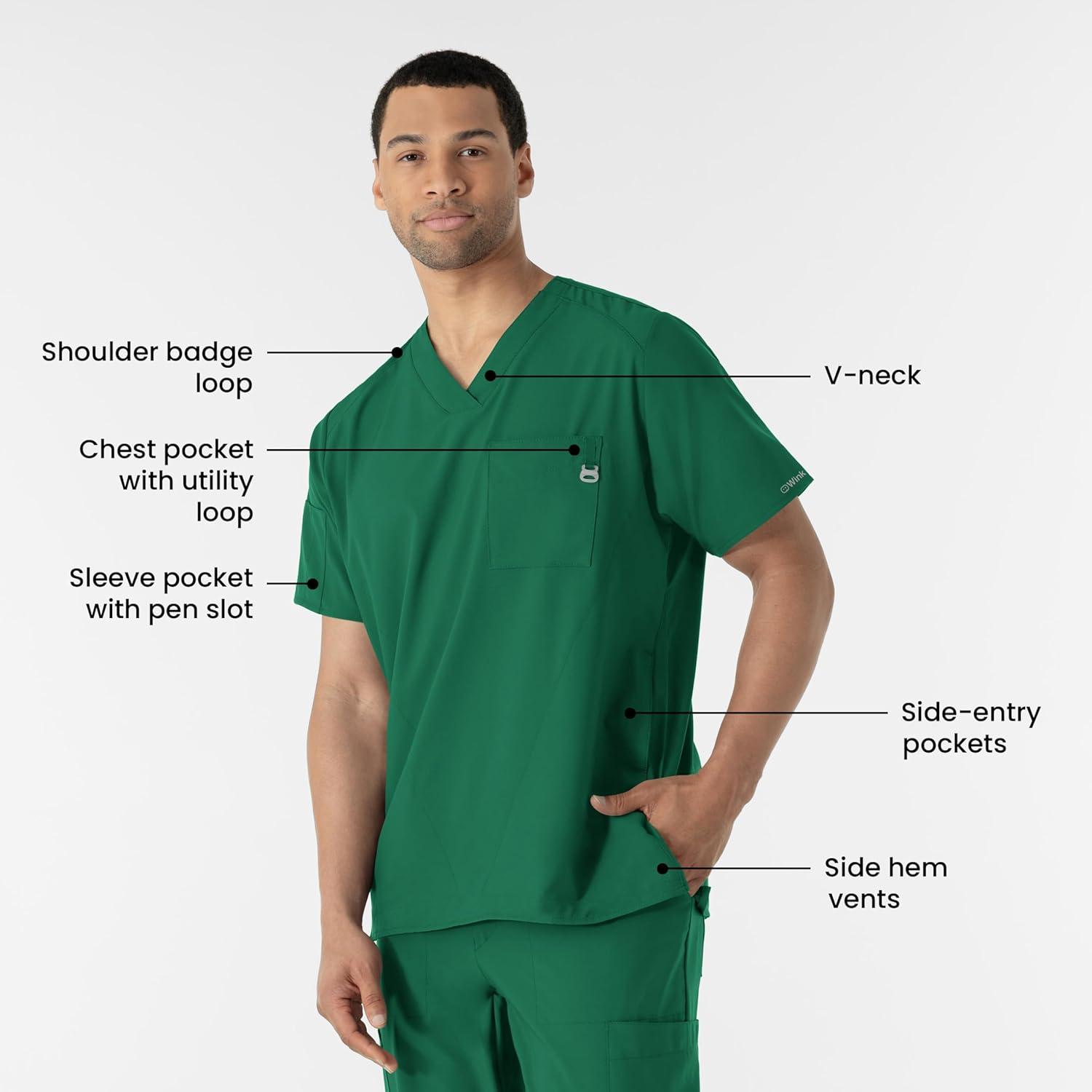 WINK Scrubs for Men, W123, V-Neck Tops with 6 Pockets(Hunter)