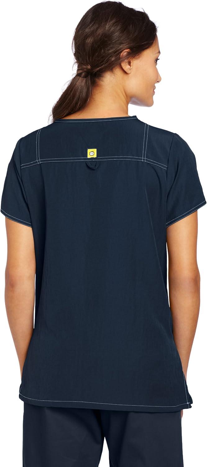 WonderWink Women’s Four Stretch Sporty V-Neck Scrub Top – XS-3XL, 3 Pockets, Eye Protection, Meets ANSI Z87.1(Pack of 1)(Navy)